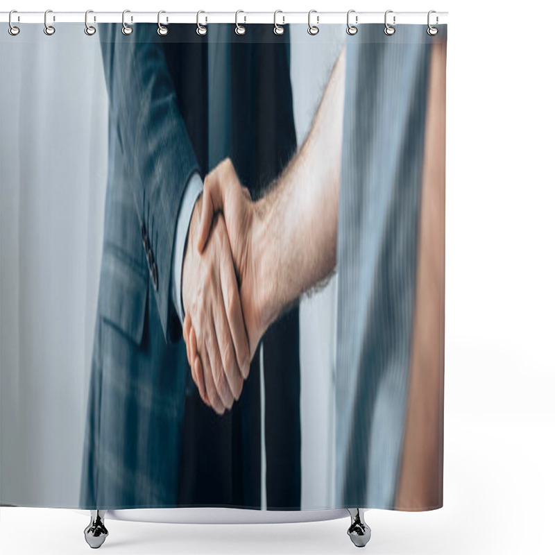 Personality  Cropped View Of Investor And Businessman Shaking Hands In Office, Banner  Shower Curtains