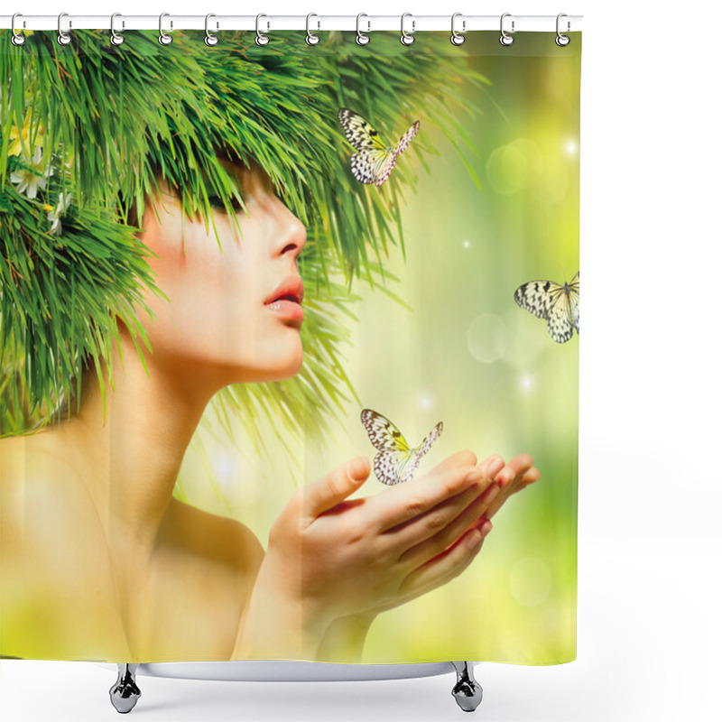 Personality  Spring Woman. Summer Girl With Grass Hair And Green Makeup Shower Curtains