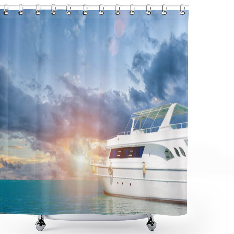 Personality  Yacht In Clear Sea Vith View At Sunset Shower Curtains