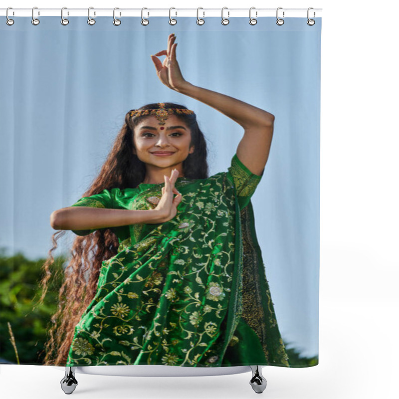 Personality  Portrait Of Stylish Young Indian Woman In Sari And Matha Patti Posing In Park With Blue Sky Shower Curtains