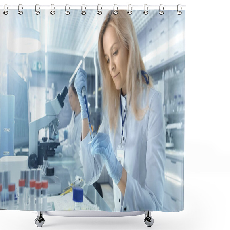 Personality  Female Research Scientist Uses Micropipette Filling Test Tubes I Shower Curtains