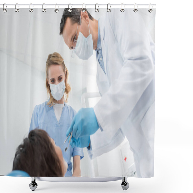 Personality  Male Dentist And His Female Assistant Checking Patient In Modern Dental Clinic Shower Curtains