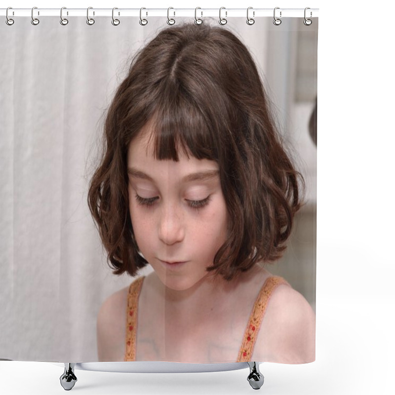 Personality  Serious Cute Little Girl Looking Down Shower Curtains