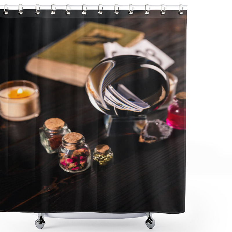 Personality  Selective Focus Of Crystal Ball, Candle And Occult Objects On Wooden Background Shower Curtains