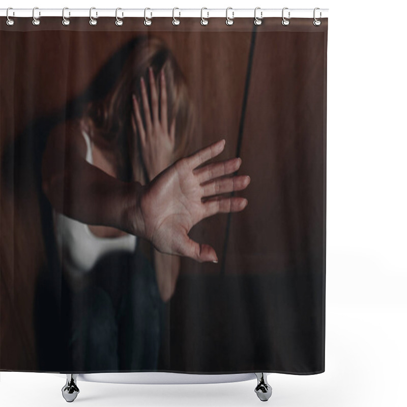 Personality  Selective Focus Of Woman With Obscure Face Showing Stop And Hiding In Corner  Shower Curtains