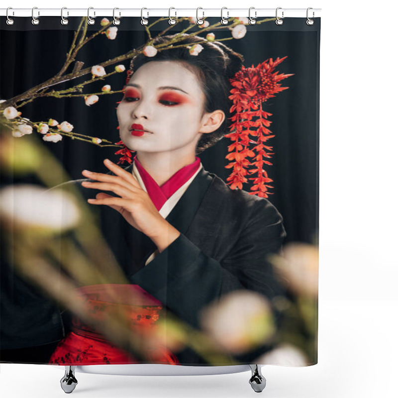 Personality  Selective Focus Of Beautiful Geisha In Black Kimono With Red Flowers In Hair And Sakura Branches Isolated On Black Shower Curtains