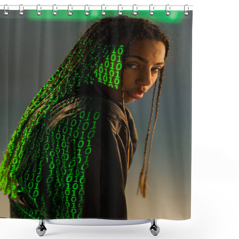 Personality  Stylish African American Woman With Projection Of Binary Code Looking At Camera On Grey Background  Shower Curtains