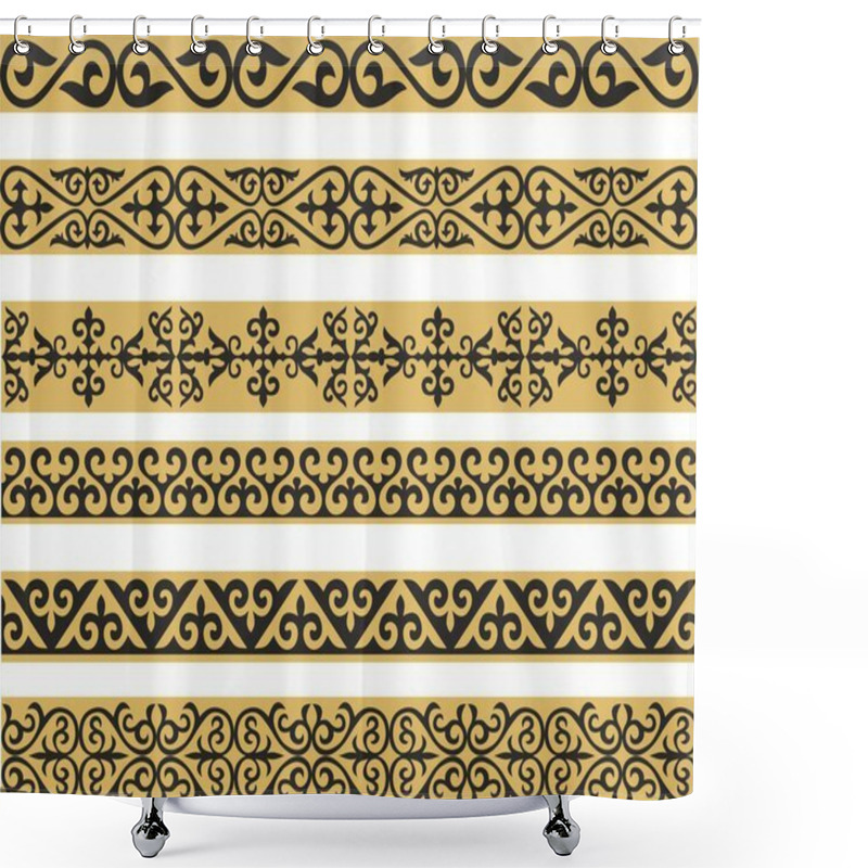 Personality  Set Of Vector Gold And Black Seamless Kazakh National Ornament. Ethnic Pattern Of The Nomadic Peoples Of The Great Steppe, The Turks. Border, Frame Mongols, Kyrgyz, Buryats, Kalmyks Shower Curtains