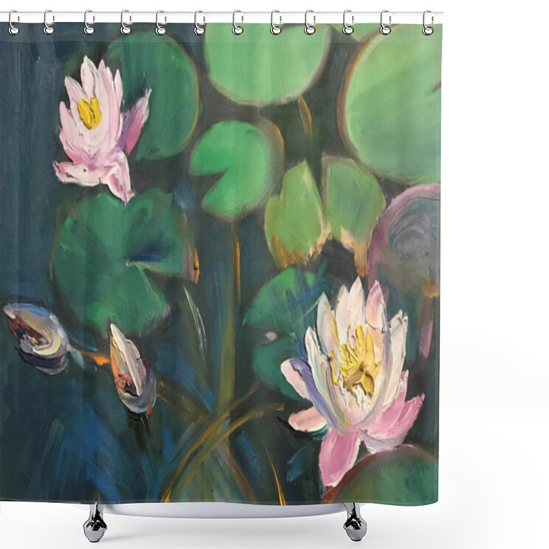 Personality  Oil Paints, Expressive Strokes On Canvas. Square Painting In A Frame, Art Work In The Gallery. Gorgeous Flower Still Life. Spring Or Summer Flowering Plants, Bloom. Lake, Pond, Sea Lilies On Petals Shower Curtains