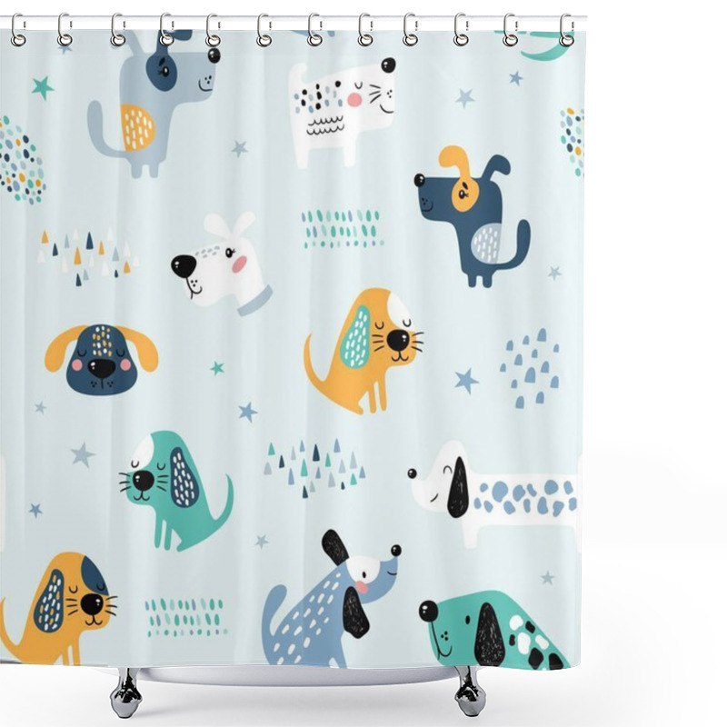 Personality  Childish Seamless Pattern With Funny Dogs. Creative Texture In Scandinavian Style. Great For Fabric, Textile Vector Illustration Shower Curtains