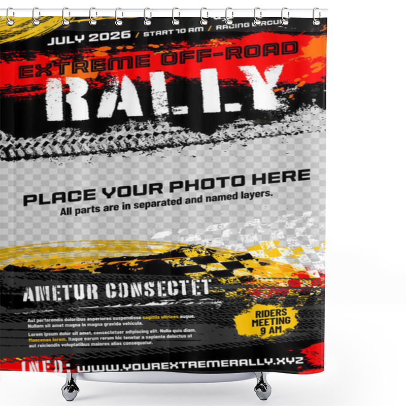 Personality  Grungy Background With Abstract Tire Tracks, Chess Flag And Place For Your Photo And Text - Off-road Rally Poster Template. Vector Illustration. Shower Curtains