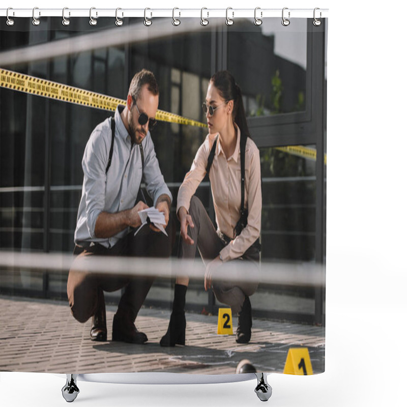 Personality  Male And Female Detectives Sitting And Making Some Notes In Notebook Shower Curtains