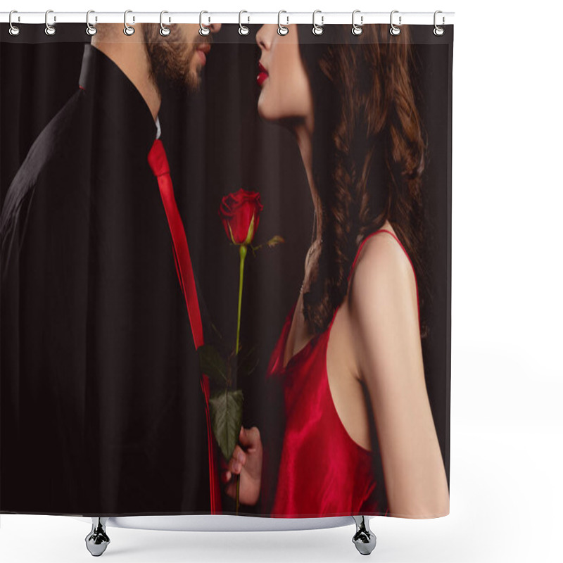 Personality  Cropped View Of Elegant Woman Holding Rose Near Boyfriend Isolated On Black Shower Curtains