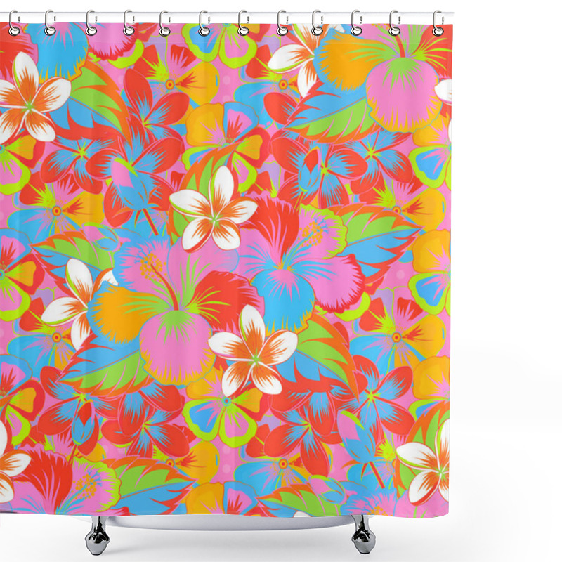 Personality  Watercolor Painting Effect, Raster Illustration. Of Orange, Pink And Blue Hibiscus Flowers, Blossom With Leaves Isolated. Hibiscus Flowers In Orange, Pink And Blue Colors. Hand Drawn Sketch. Shower Curtains