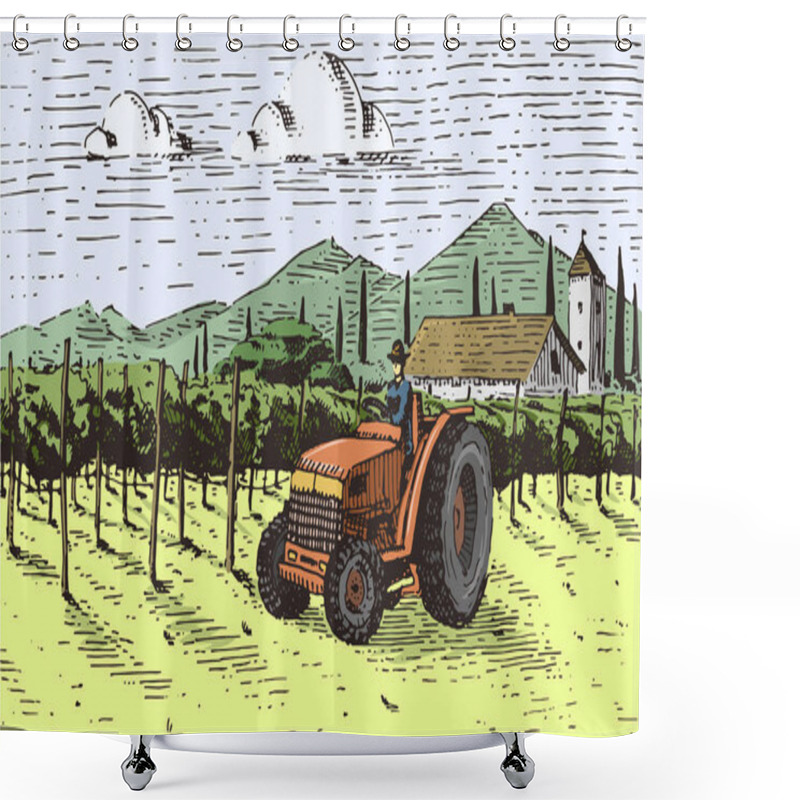 Personality  Vintage Engraved, Hand Drawn Vineyards Landscape, Tuskany Fields, Old Looking Scratchboard Or Tatooo Style Shower Curtains