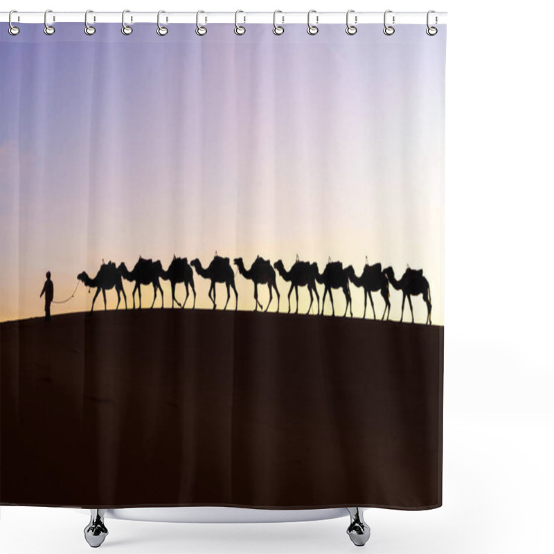 Personality  Sunrise Silhouette Of Camels And Handler, In The Sand Dunes Of Merzouga, The Sahara Desert, Morocco Shower Curtains