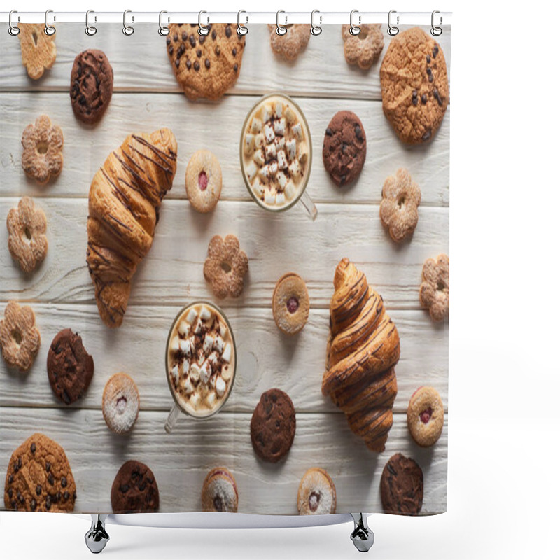 Personality  Top View Of Cacao With Marshmallow Near Cookies And Croissants On White Wooden Table Shower Curtains