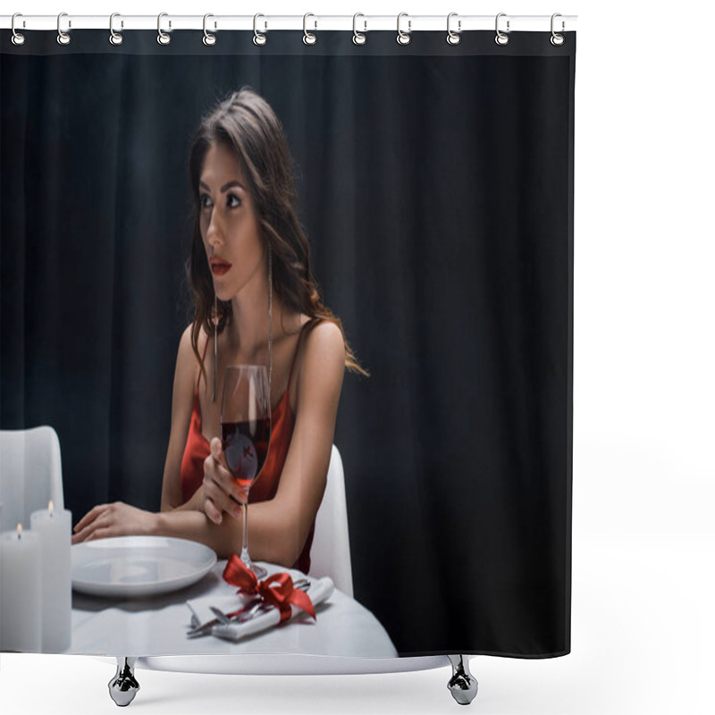 Personality  Beautiful Woman With Wine Glass Sitting At Served Table Isolated On Black Shower Curtains