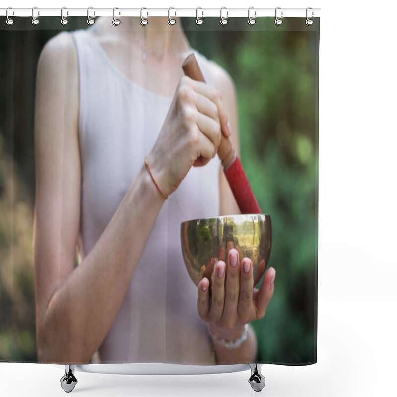 Personality  Meditation With Vibrations From The Bowl In The Lotus Position. Nature Yoga Theme Hands And Bronze Utensils. Soul Music On An Instrument Shower Curtains