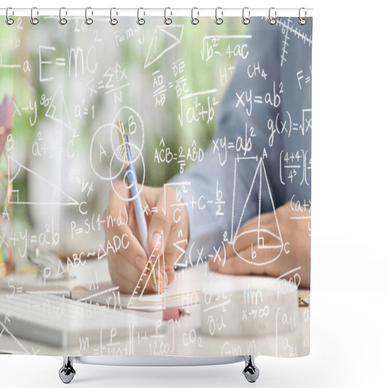 Personality  Science And Education Concept. Illustration Of Basic Physics And Mathematics Formulas And Woman Working At Table, Closeup Shower Curtains