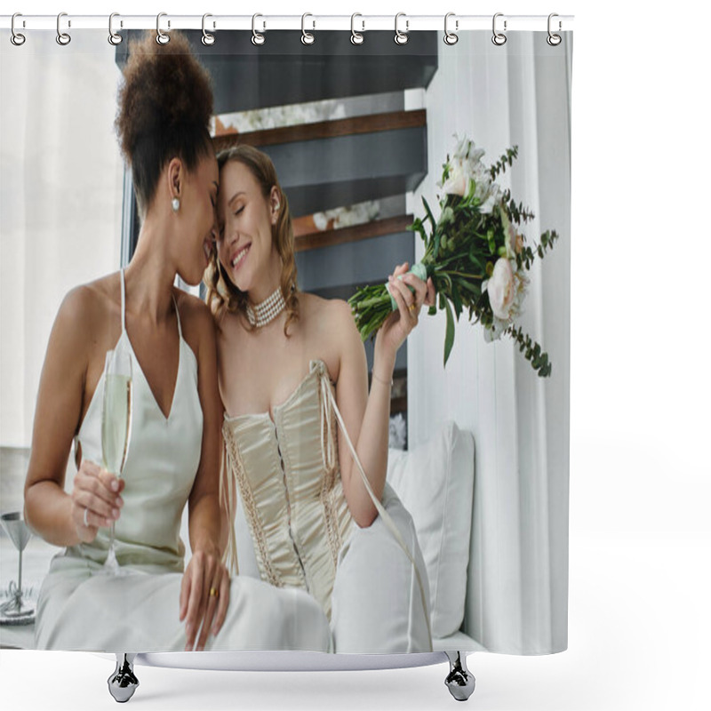 Personality  Two Brides Share A Tender Moment On Their Wedding Day. Shower Curtains