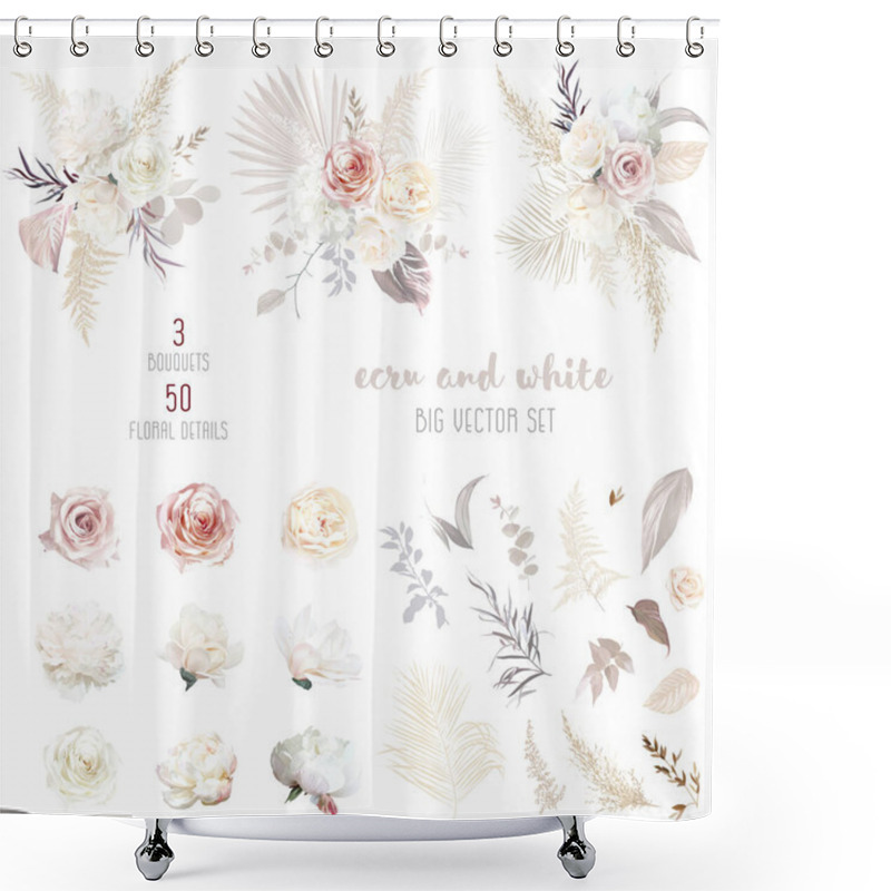 Personality  Ecru, White, Blush Pink Rose, Pale Ranunculus, Peony, Magnolia, Hydrangea, Pampas Grass, Dried Palm Shower Curtains