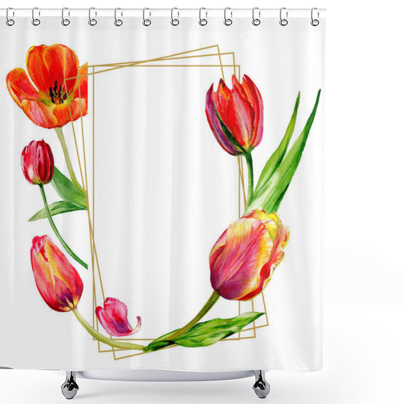 Personality  Amazing Red Tulip Flowers With Green Leaves. Hand Drawn Botanical Flowers. Watercolor Background Illustration. Frame Border Ornament Crystal. Geometric Quartz Polygon Crystal Stone. Shower Curtains