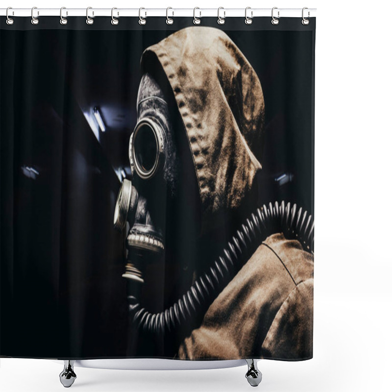 Personality  Stalker Warrior In Protective Soviet Gas Mask Profile View Standing On Dark Tunnels Background. Shower Curtains