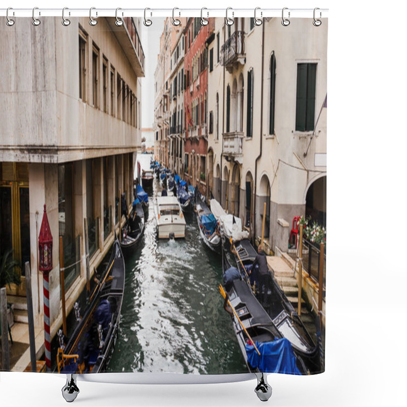 Personality  VENICE, ITALY - SEPTEMBER 24, 2019:motor Boat Floating On Canal Near Ancient Buildings In Venice, Italy  Shower Curtains