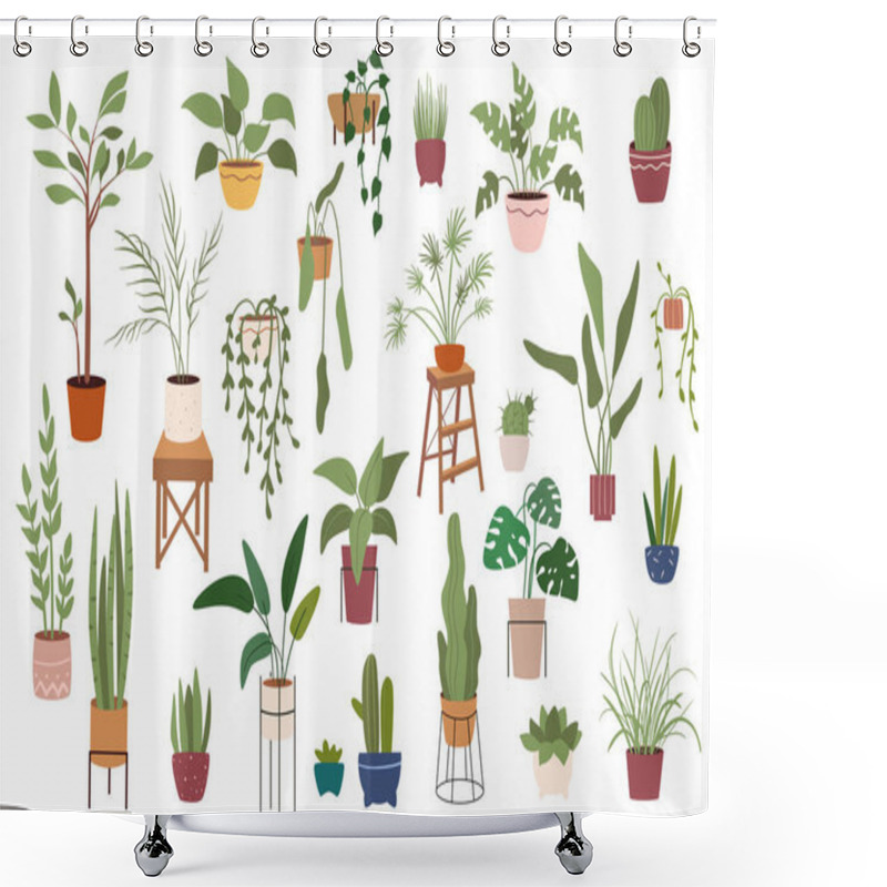 Personality  Home Plants In Pots Isolated Scenes Set. Different Houseplants Flowerpots. Green Garden For Decoration. Bundle Of Modern Scandinavian Interiors. Vector Illustration In Flat Cartoon Design Elements Shower Curtains