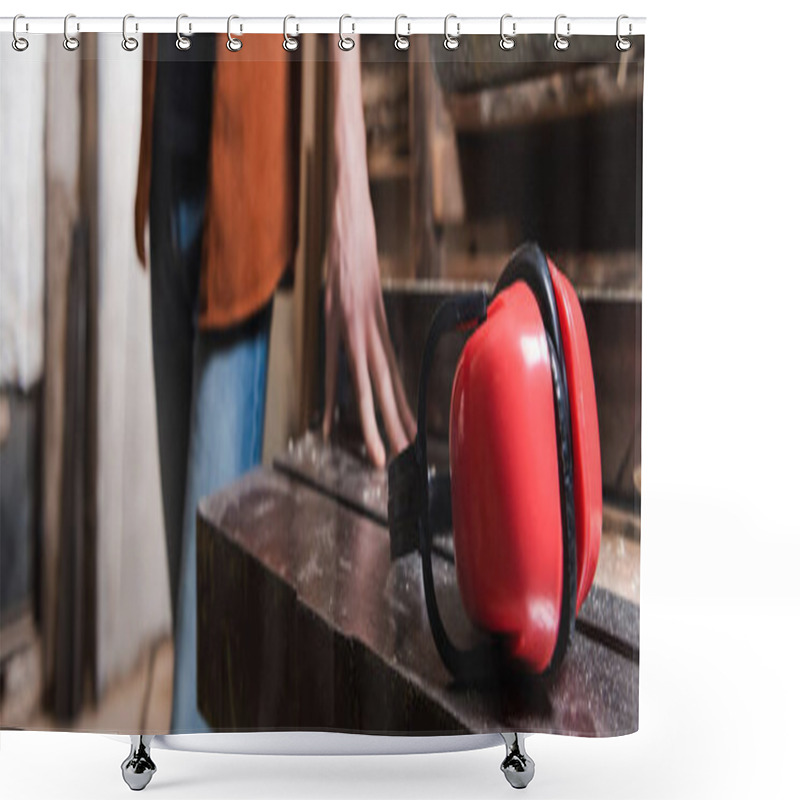 Personality  Selective Focus Of Protective Earmuffs Near Cropped Carpenter On Blurred Background, Banner Shower Curtains