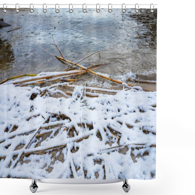 Personality  Winter Shoreline With Snow-Covered Reeds And Icy Water Surface Shower Curtains