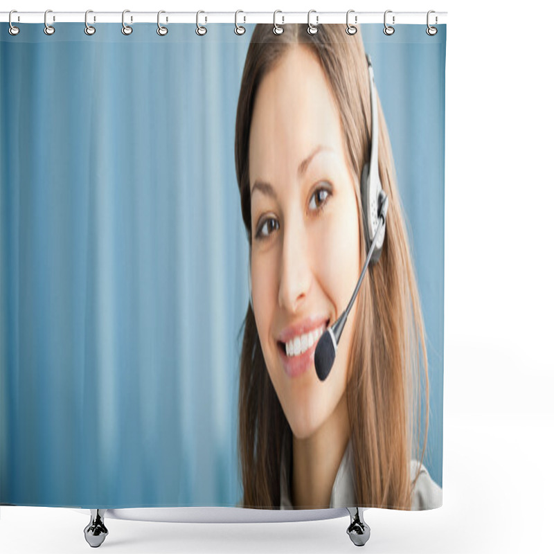 Personality  Portrait Of Happy Smiling Support Phone Operator In Headset At W Shower Curtains