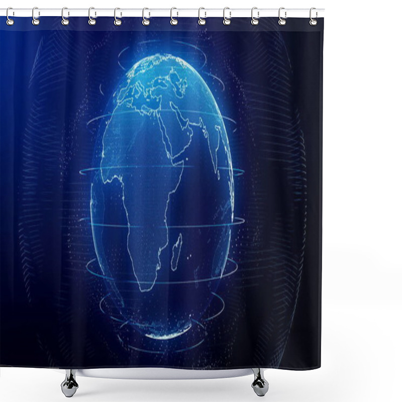 Personality  Futuristic Blue Digital Earth Europe Skyline. Global Data Network Around Planet In Modern Age. Worldwide Internet And Blockchain. Technology, Connectivity, Science And Business Concept 3D Render Shower Curtains