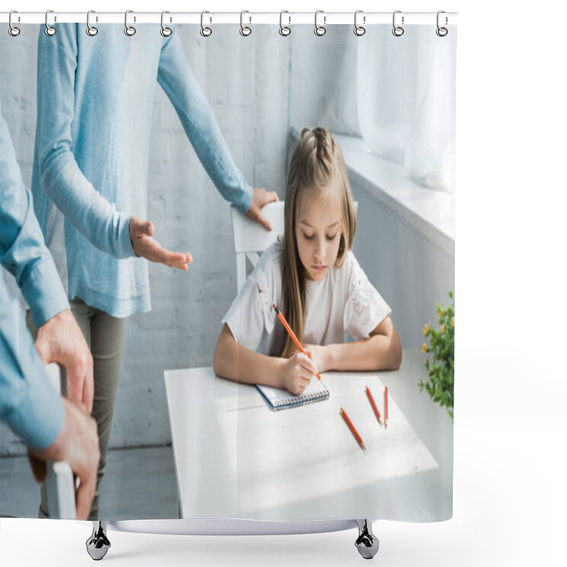 Personality  Cropped View Of Parents Standing Near Upset Daughter Holding Pencil At Home  Shower Curtains