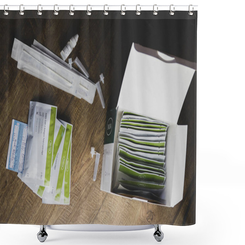 Personality  Leicester, United Kingdom. April 15 2021. Home Testing Kit For School Children And NHS Staff, Also Called Lateral Flow Tests For Covid 19, For Testing At Home. Shower Curtains