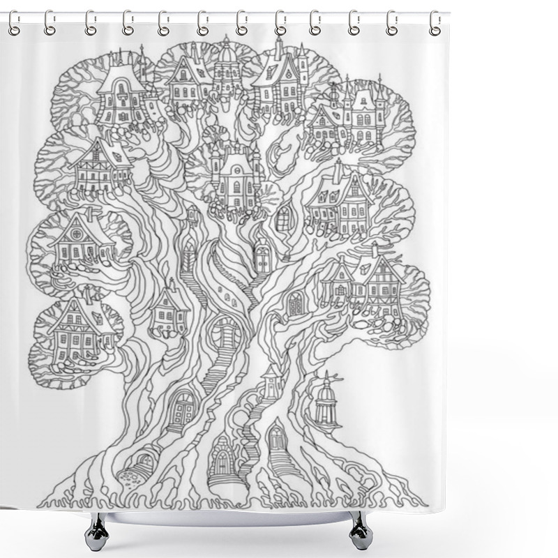 Personality  Fairy Tale Oak Tree With Castle, Old Medieval Town, Fantasy Houses. Coloring Book Page For Adults And Children Shower Curtains