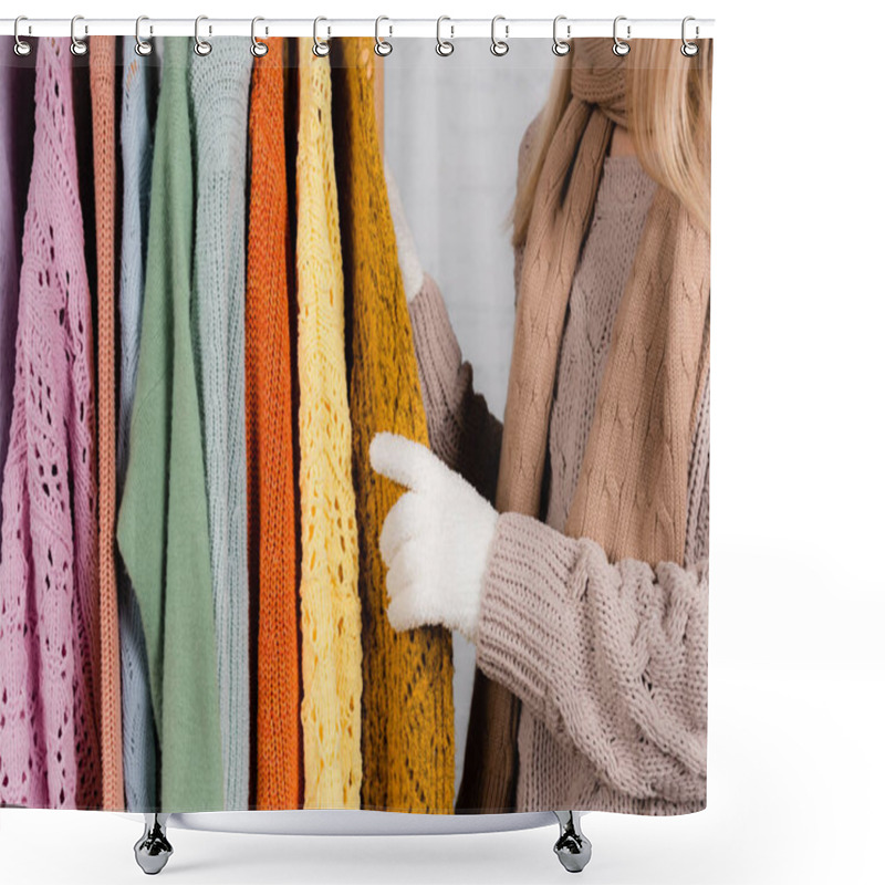 Personality  Cropped View Of Woman In Soft Gloves Standing Near Knitted Sweaters On White Background Shower Curtains