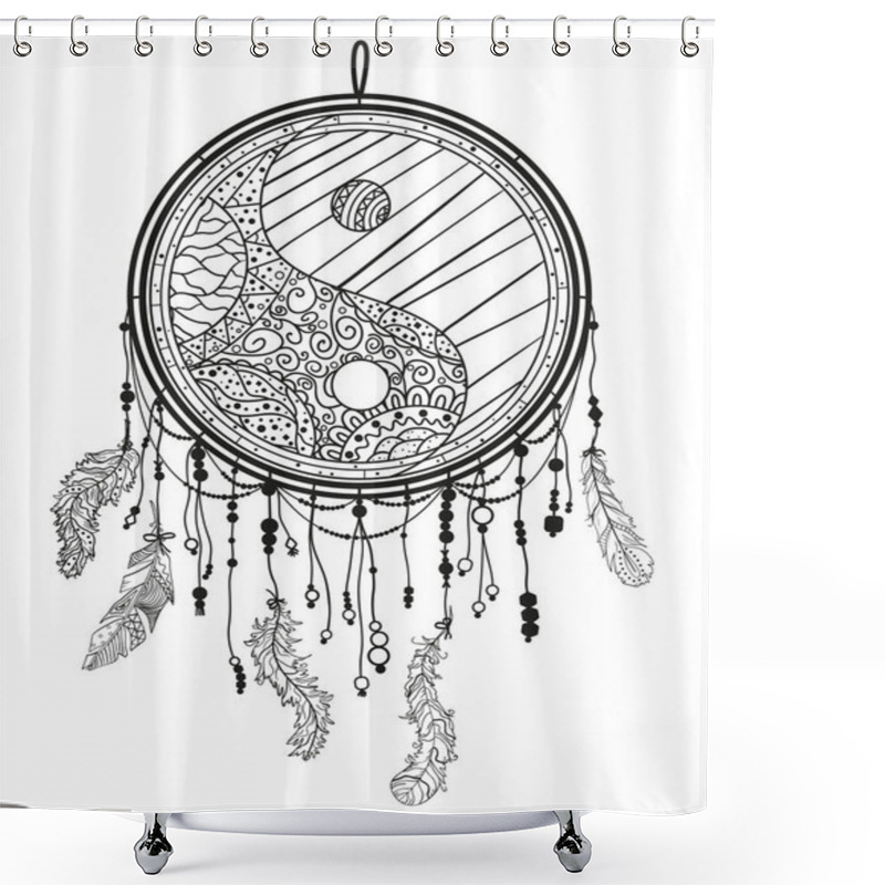 Personality  Yin And Yang. Dreamcatcher On White. Abstract Mystic Symbol. Black And White Illustration Shower Curtains