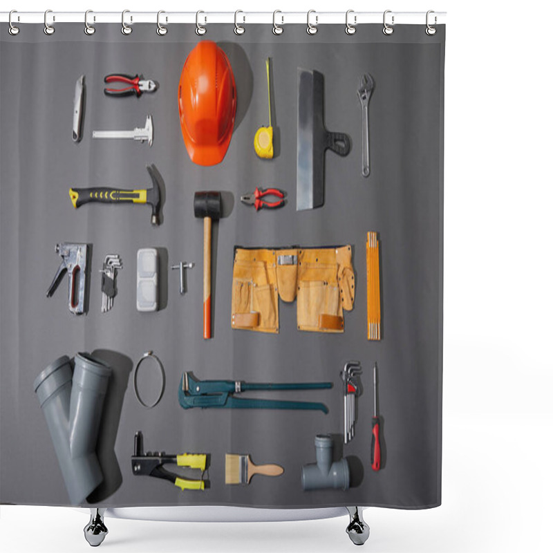 Personality  Flat Lay Of Industrial Tools, Helmet, Measuring Tape, Tool Belt And Brush On Grey Background Shower Curtains