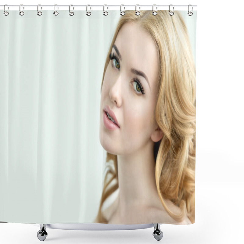 Personality  Beauty Model With  Perfect Fresh Skin, Long Eyelashes And Teeth  Shower Curtains