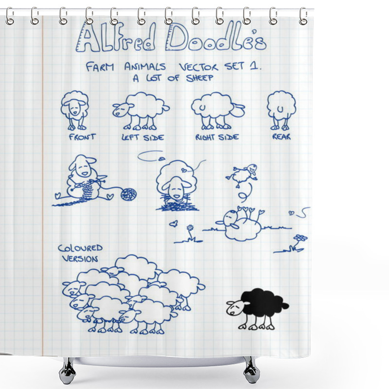 Personality  A First Set Of Farm Animals In Doodle Style: Sheep Shower Curtains