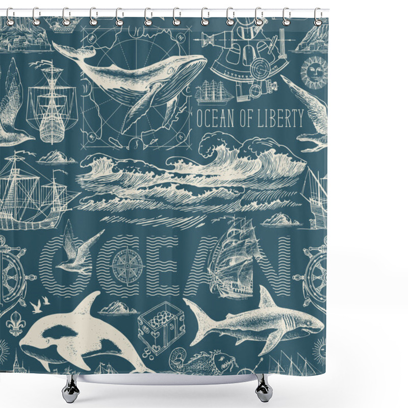 Personality  Seamless Pattern On The Theme Of Sea Travel, Adventure, Discovery. Vector Abstract Repeating Background With Hand-drawn Ocean Waves, Sailboats And Various Sea Inhabitants In Retro Style Shower Curtains