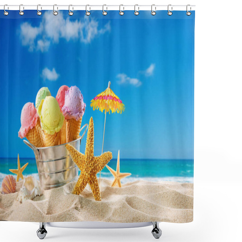 Personality  Ice Creams Cones And Seashells In The Sand On The Beach With Ocean Landscape Shower Curtains