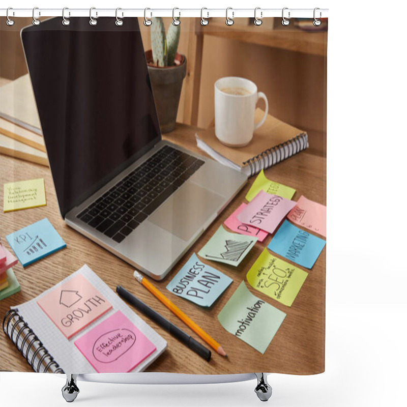 Personality  Laptop With Blank Screen And Paper Stickers With Business Plan On Tabletop Shower Curtains