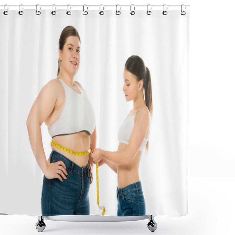 Personality  Slim Woman Measuring Waist Of Happy Overweight Woman Isolated On White, Body Positivity Concept Shower Curtains