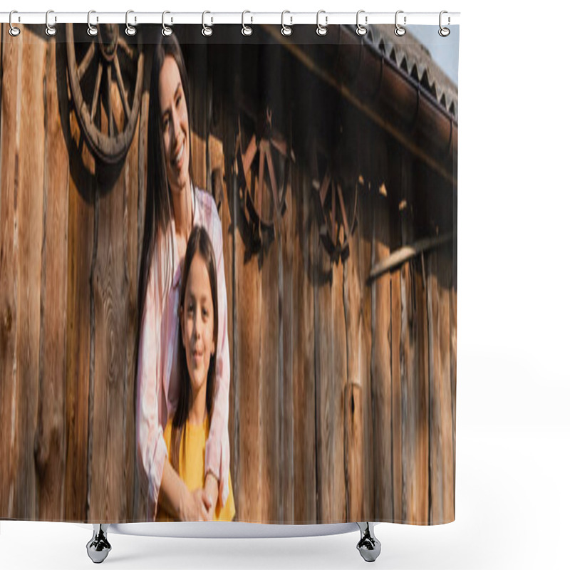 Personality  Cheerful Woman Embracing Daughter Near Wooden Barn On Farm, Banner Shower Curtains