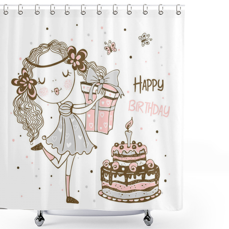 Personality  Birthday Card With Cute Girl With Gifts And Birthday Cake. Vector. Shower Curtains