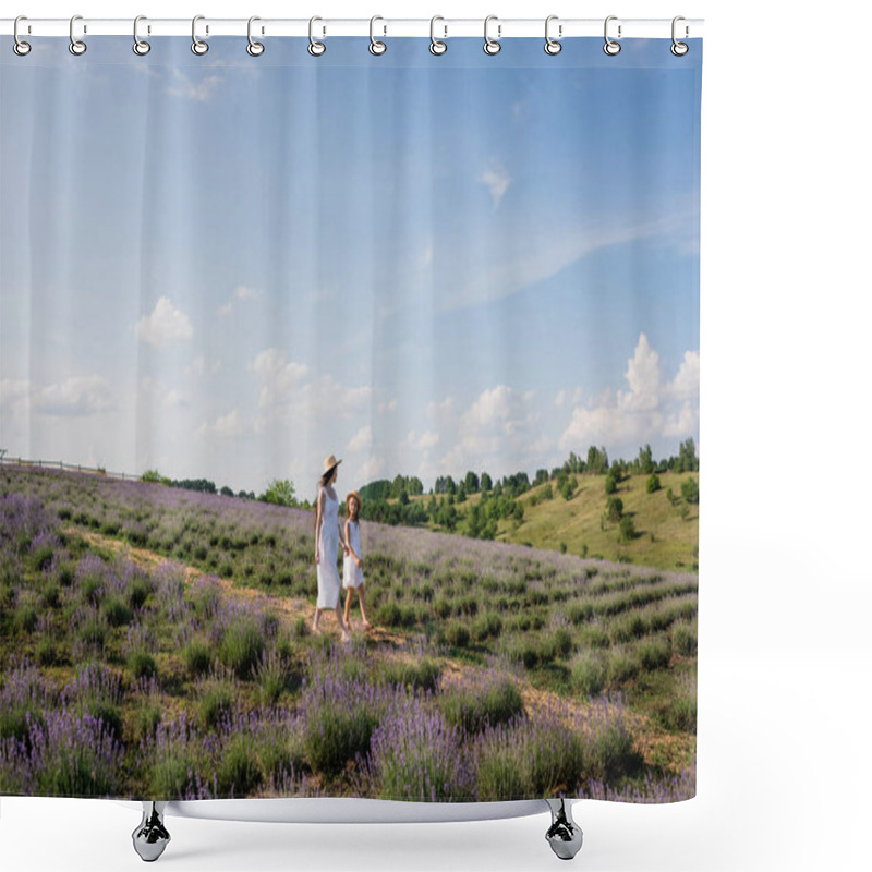 Personality  Woman And Girl In White Dresses And Straw Hats Walking In Flowering Meadow Under Blue Sky Shower Curtains