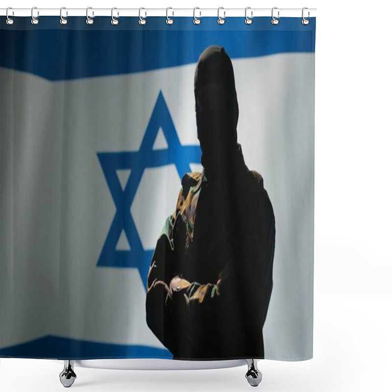 Personality  Mossad Agent Standing Proud In Front Of Israel Flag, Feeling Pride In Serving Country. Israeli Jewish Army Personnel In War Room Crossing Arms, Listening National Anthem, Camera B Shower Curtains